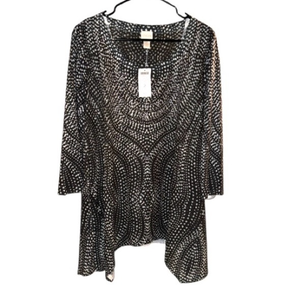 Chicos shirt large Black White Patterned rhinestone Top NEW shark bite hem soft - Picture 1 of 5